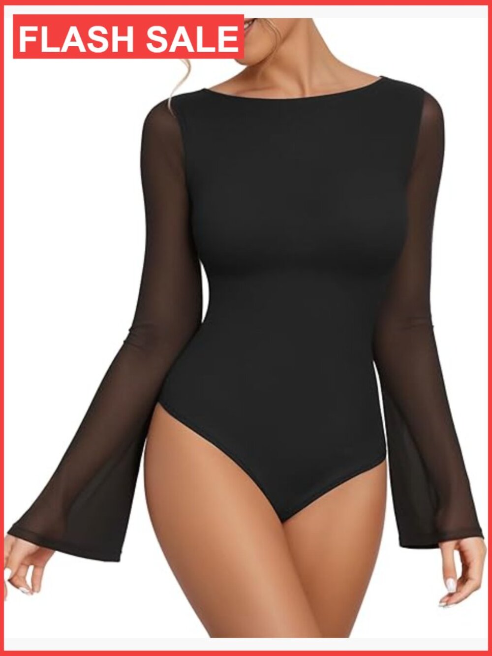 Women's Boat Neck Bell Sleeve Bodysuit Sheer Mesh Double Lined Going Out Top